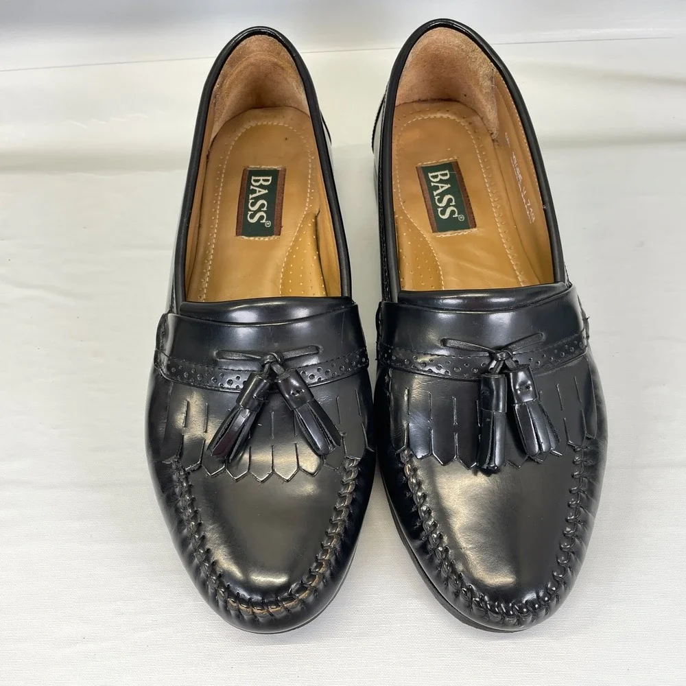Bass Kiltie Tassel Loafers Mens Size 10.5 EE Black Leather Moc Toe Dress Shoes